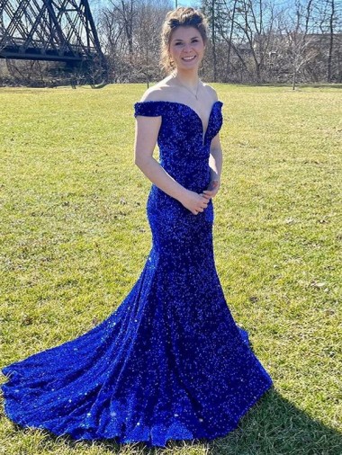 Blu Reale Tubino Sweep treno Paillettes Velluto Lunga Abiti da ballo AllIngrosso