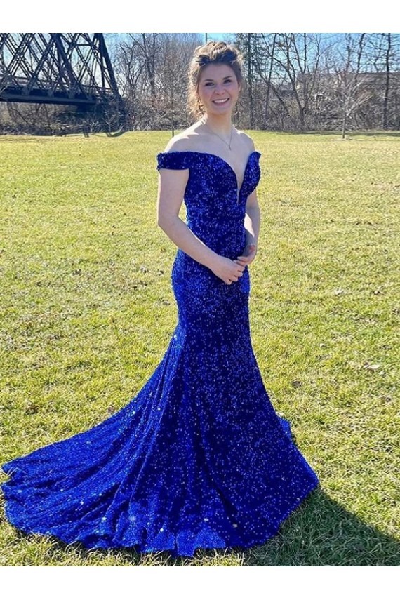 Blu Reale Tubino Sweep treno Paillettes Velluto Lunga Abiti da ballo AllIngrosso