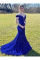 Blu Reale Tubino Sweep treno Paillettes Velluto Lunga Abiti da ballo AllIngrosso