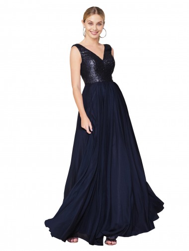 Blu marino scuro Linea A Alto Collo Chiffona Paillettes Lunga Abiti da damigella donore / Abiti da ballo AllIngrosso