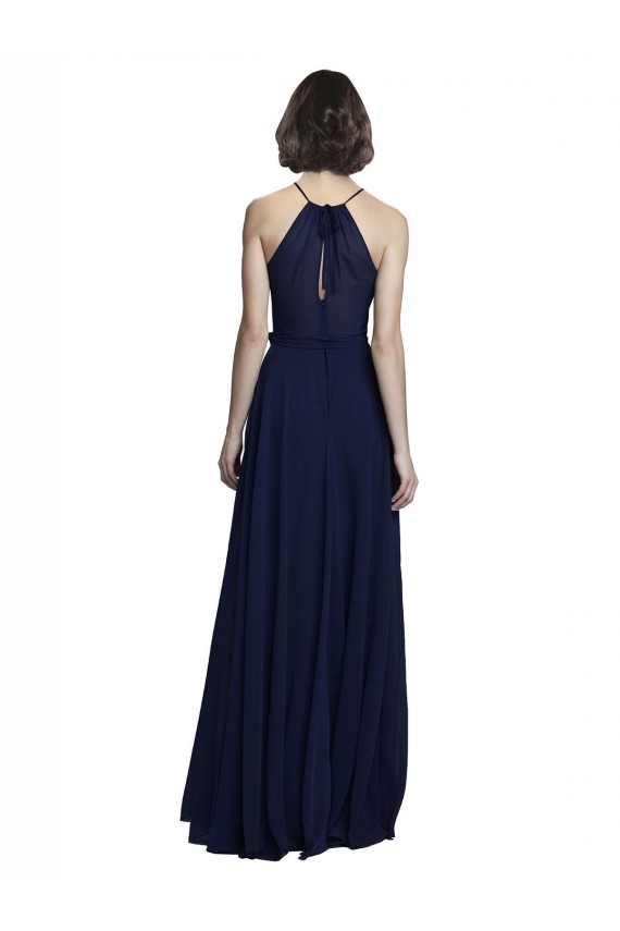 Blu marino scuro Linea A Capestro Alto Collo Chiffona Lunga Abiti da damigella donore AllIngrosso