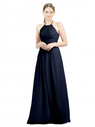Blu marino scuro Linea A Capestro Alto Collo Chiffona Lunga Abiti da damigella donore AllIngrosso