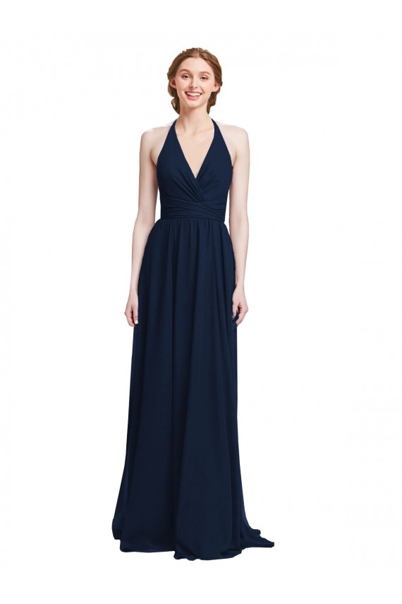Blu marino scuro Linea A Capestro Scollatura a V Chiffona Lunga Abiti da damigella donore AllIngrosso