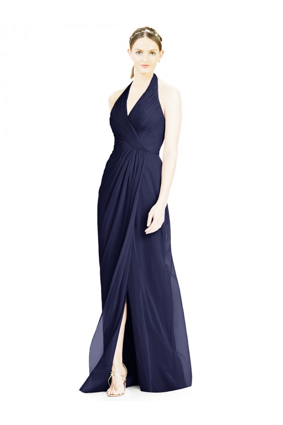Blu marino scuro Linea A Capestro Scollatura a V Chiffona Lunga Abiti da damigella donore AllIngrosso
