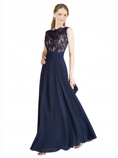 Blu marino scuro Linea A Illusione Chiffona Pizzo Lunga Abiti da damigella donore / Abiti da ballo AllIngrosso