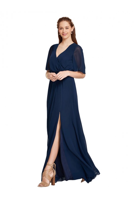 Blu marino scuro Linea A Scollatura a V Chiffona Lunga Abiti da damigella donore AllIngrosso