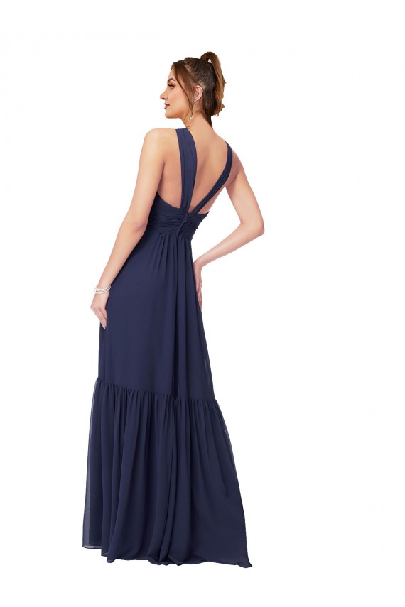 Blu marino scuro Linea A Scollatura a V Chiffona Lunga Abiti da damigella donore AllIngrosso