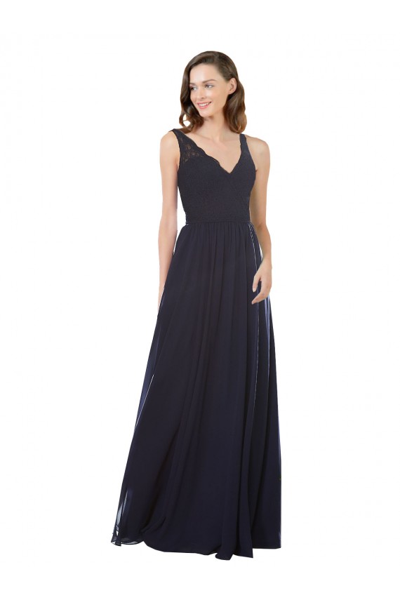 Blu marino scuro Linea A Scollatura a V Chiffona Pizzo Lunga Abiti da damigella donore AllIngrosso