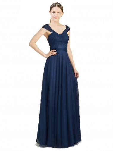 Blu marino scuro Linea A Scollatura a V Innamorato Tulle Lunga Abiti da damigella donore AllIngrosso