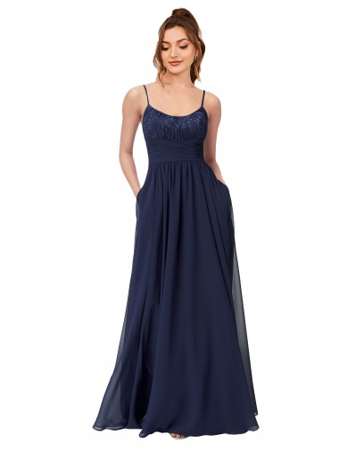 Blu marino scuro Linea A Scoop Chiffona Pizzo Lunga Abiti da damigella donore AllIngrosso