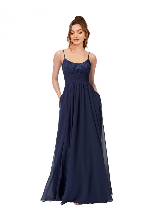 Blu marino scuro Linea A Scoop Chiffona Pizzo Lunga Abiti da damigella donore AllIngrosso