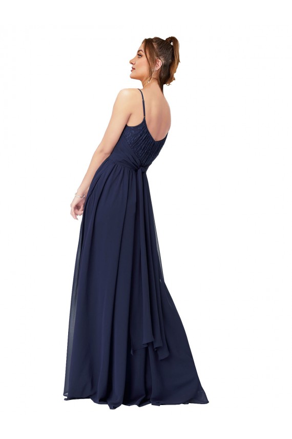 Blu marino scuro Linea A Scoop Chiffona Pizzo Lunga Abiti da damigella donore AllIngrosso
