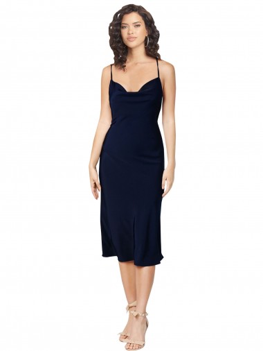 Blu marino scuro Linea A Sottili Cappuccio Midi Raso Setoso Corto Abiti da damigella donore / Abiti da sera / Abiti da cocktail AllIngrosso