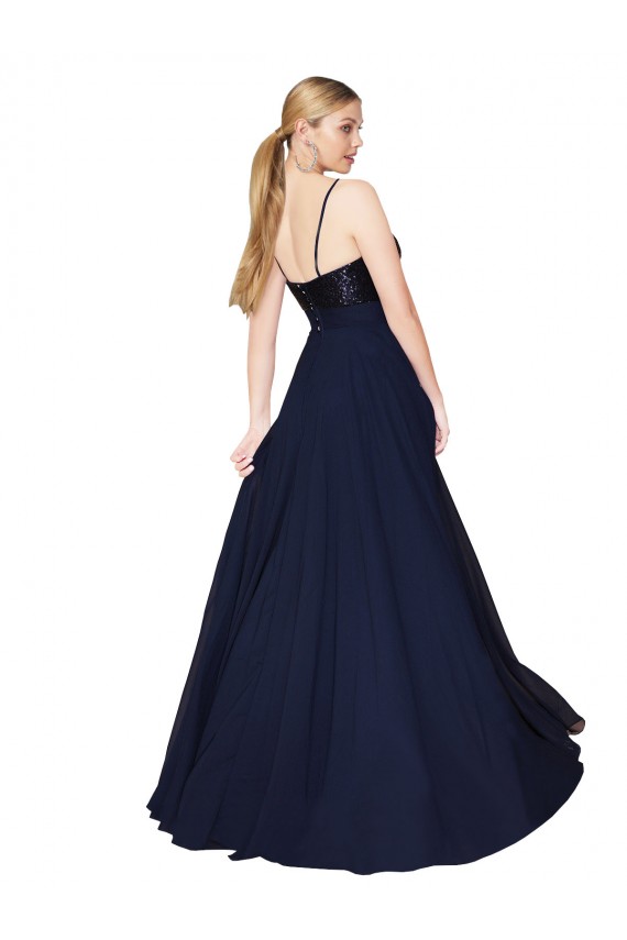 Blu marino scuro Linea A Sottili Chiffona Paillettes Lunga Abiti da damigella donore / Abiti da ballo AllIngrosso