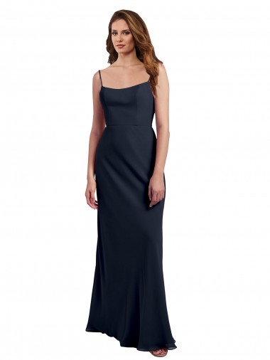 Blu marino scuro Linea A Sottili Scoop Chiffona Lunga Abiti da damigella donore AllIngrosso