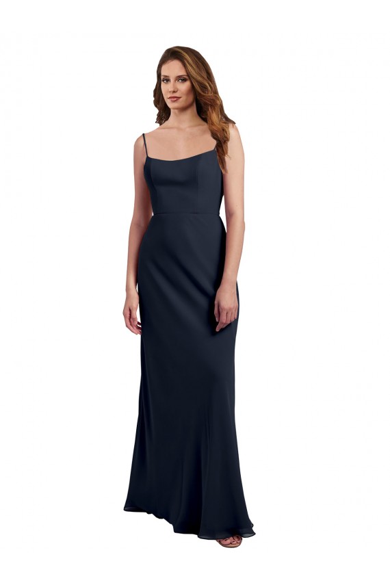 Blu marino scuro Linea A Sottili Scoop Chiffona Lunga Abiti da damigella donore AllIngrosso