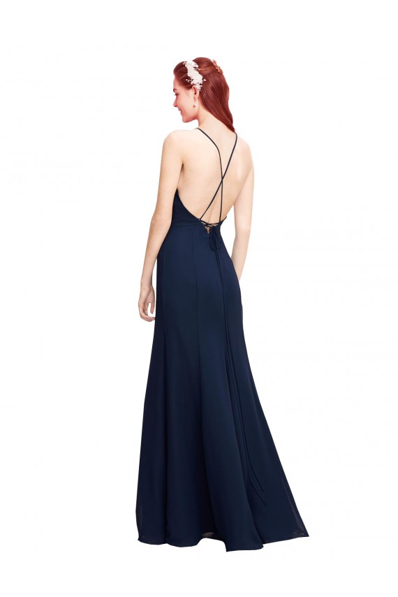 Blu marino scuro Stile sirena Capestro Alto Collo Chiffona Lunga Abiti da damigella donore / Abiti da ballo AllIngrosso