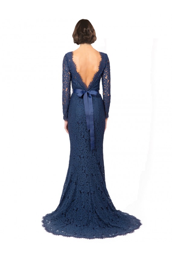 Blu marino scuro Stile sirena Collo Gioiello Sweep treno Pizzo Lunga Abiti da damigella donore AllIngrosso