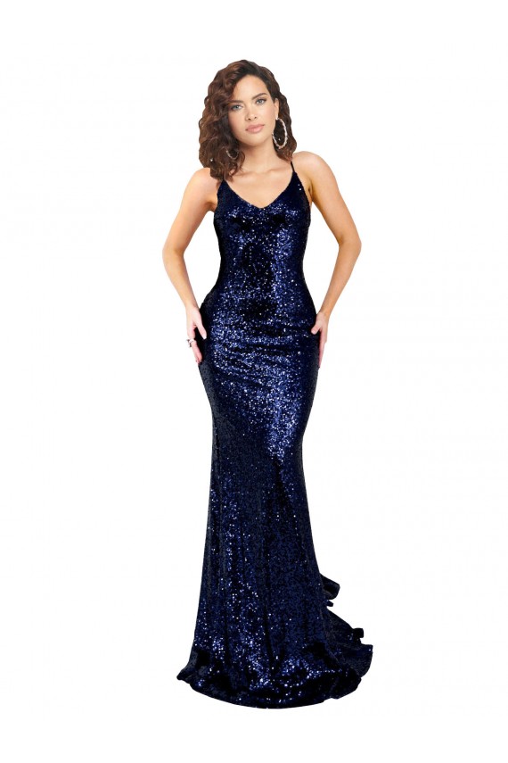 Blu marino scuro Stile sirena Scollatura a V Paillettes Lunga Formali Abiti da damigella donore / Abiti da sera / Abiti da ballo AllIngrosso