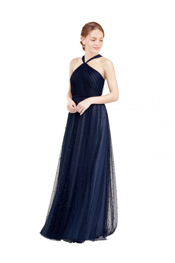 Blu navy 21 Linea A Capestro Tulle Lunga Abiti da damigella donore AllIngrosso
