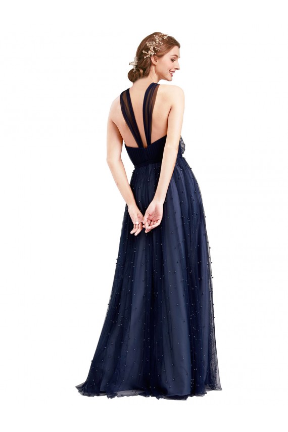 Blu navy 21 Linea A Capestro Tulle Lunga Abiti da damigella donore AllIngrosso