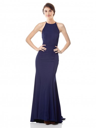 Blu navy Stile sirena Capestro Alto Collo Crespo Elastico Lunga Formali Abiti da damigella donore / Abiti da sera / Abiti da ballo AllIngrosso