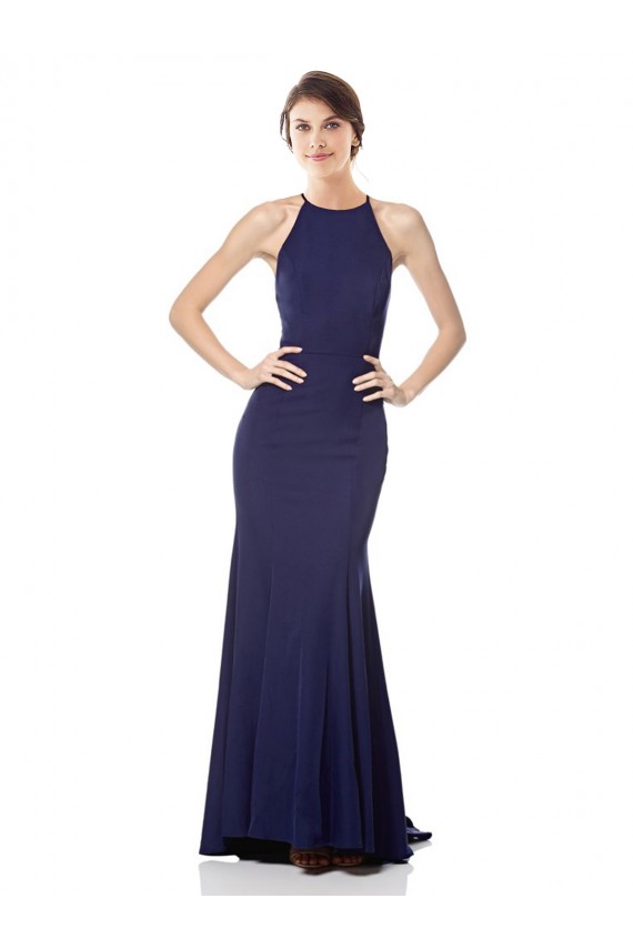 Blu navy Stile sirena Capestro Alto Collo Crespo Elastico Lunga Formali Abiti da damigella donore / Abiti da sera / Abiti da ballo AllIngrosso