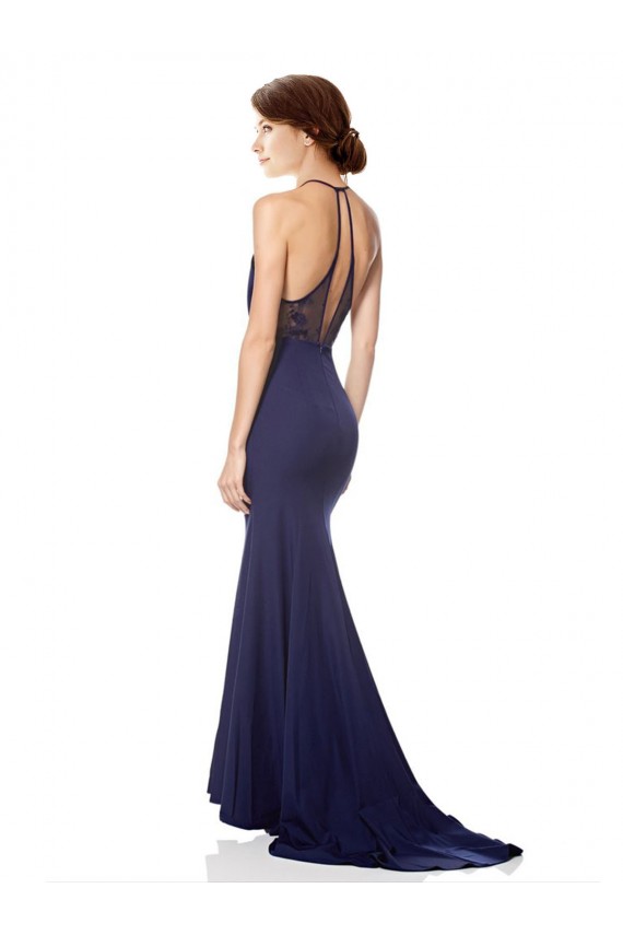 Blu navy Stile sirena Capestro Alto Collo Crespo Elastico Lunga Formali Abiti da damigella donore / Abiti da sera / Abiti da ballo AllIngrosso