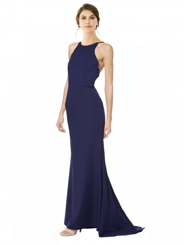 Blu navy Stile sirena Capestro Alto Collo Crespo Elastico Lunga Formali Abiti da damigella donore / Abiti da sera / Abiti da ballo AllIngrosso