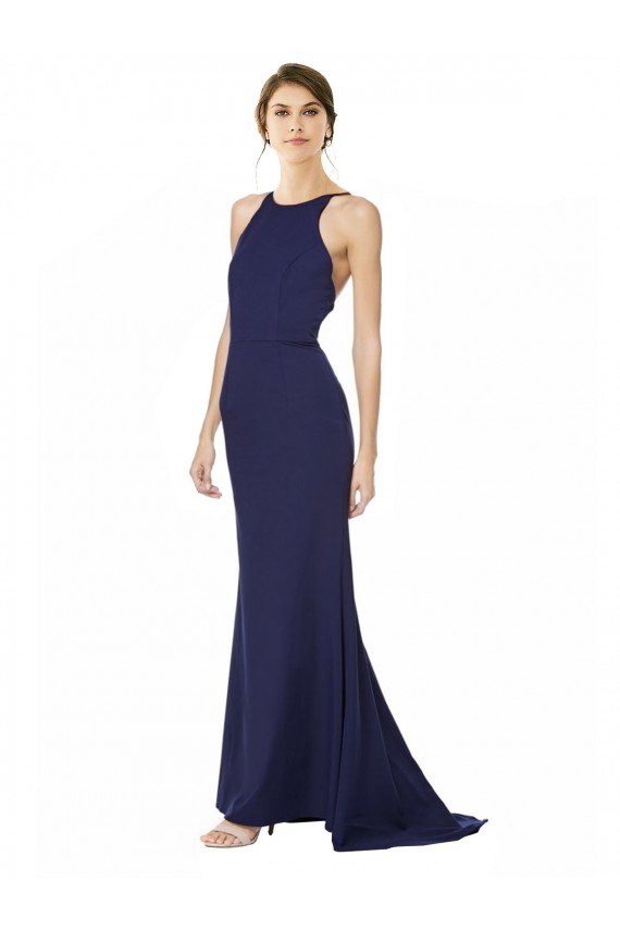 Blu navy Stile sirena Capestro Alto Collo Crespo Elastico Lunga Formali Abiti da damigella donore / Abiti da sera / Abiti da ballo AllIngrosso
