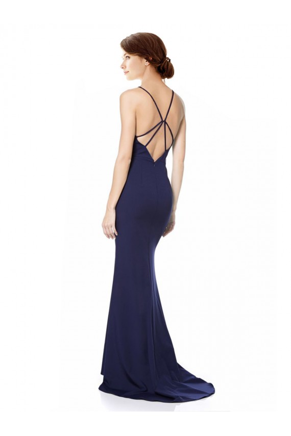 Blu navy Stile sirena Capestro Alto Collo Crespo Elastico Lunga Formali Abiti da damigella donore / Abiti da sera / Abiti da ballo AllIngrosso