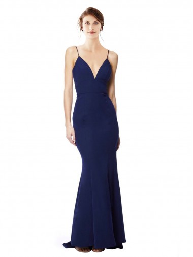 Blu navy Stile sirena Sottili Alto Collo Crespo Elastico Lunga Formali Abiti da damigella donore / Abiti da sera / Abiti da ballo AllIngrosso