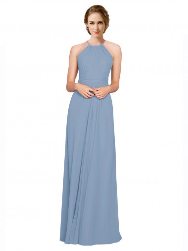 Blu polveroso Linea A Capestro Alto Collo Chiffona Lunga Abiti da damigella donore AllIngrosso