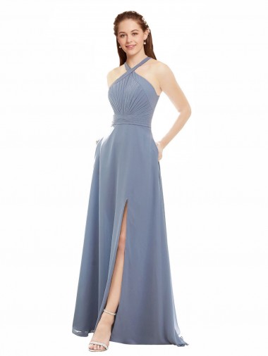 Blu polveroso Linea A Capestro Alto Collo Chiffona Lunga Abiti da damigella donore AllIngrosso