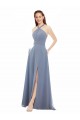 Blu polveroso Linea A Capestro Alto Collo Chiffona Lunga Abiti da damigella donore AllIngrosso