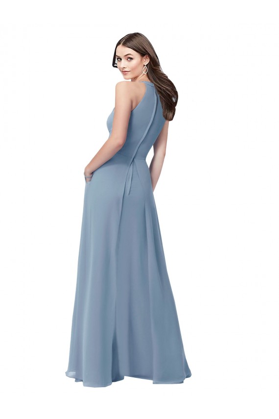 Blu polveroso Linea A Capestro Alto Collo Chiffona Lunga Abiti da damigella donore AllIngrosso