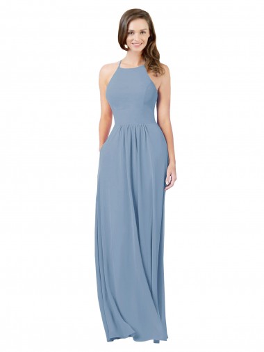Blu polveroso Linea A Capestro Chiffona Lunga Abiti da damigella donore AllIngrosso