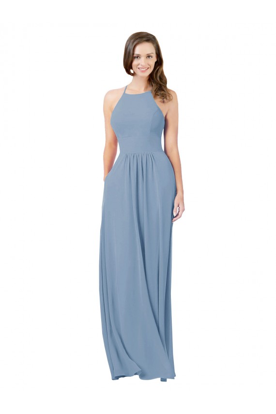 Blu polveroso Linea A Capestro Chiffona Lunga Abiti da damigella donore AllIngrosso