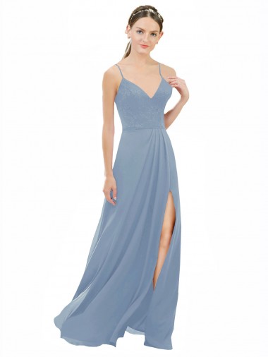 Blu polveroso Linea A Sottili Scollatura a V Chiffona Pizzo Lunga Abiti da damigella donore AllIngrosso