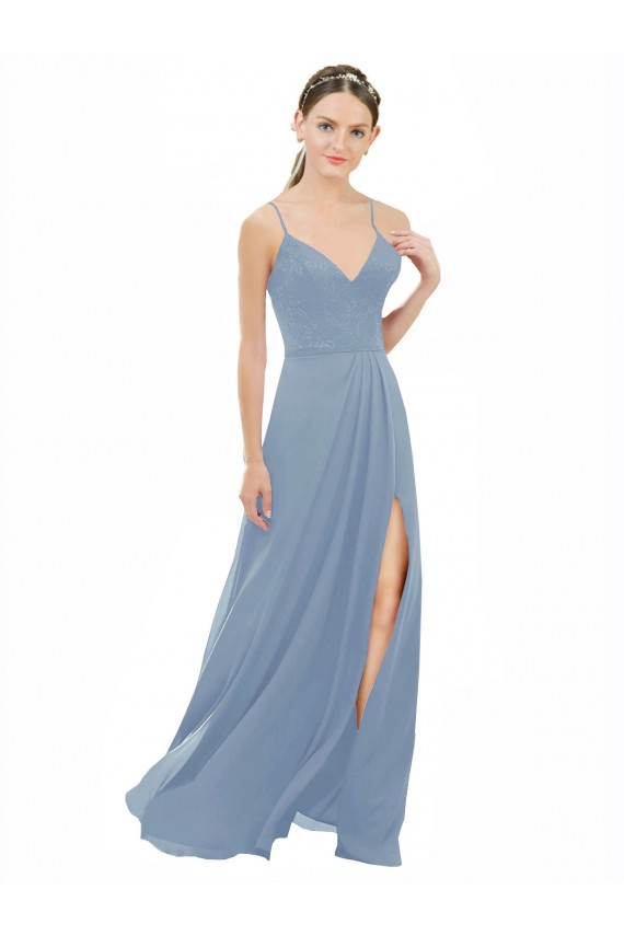 Blu polveroso Linea A Sottili Scollatura a V Chiffona Pizzo Lunga Abiti da damigella donore AllIngrosso