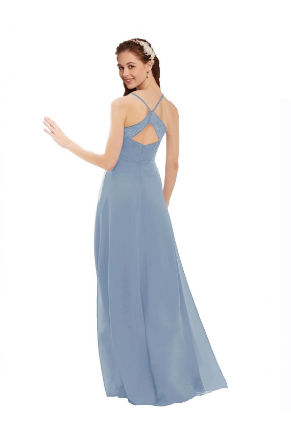 Blu polveroso Linea A Sottili Scollatura a V Chiffona Pizzo Lunga Abiti da damigella donore AllIngrosso