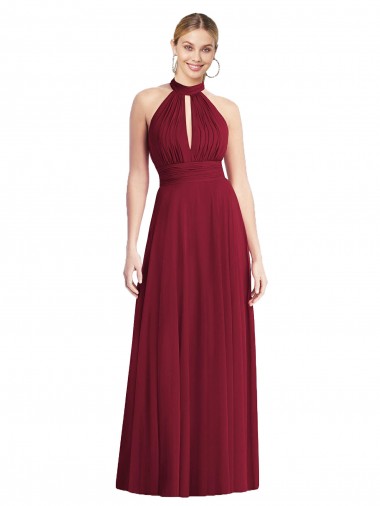 Borgogna Linea A Capestro Alto Collo Chiffona Lunga Abiti da damigella donore AllIngrosso