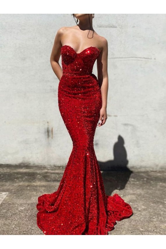 Borgogna Stile sirena Innamorato Paillettes Velluto Lunga Abiti da ballo AllIngrosso
