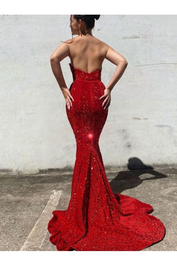 Borgogna Stile sirena Innamorato Paillettes Velluto Lunga Abiti da ballo AllIngrosso