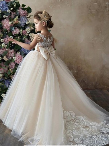 Champagne Abito da ballo Innamorato Tulle Pizzo Lunga Abiti da ragazza di fiori AllIngrosso