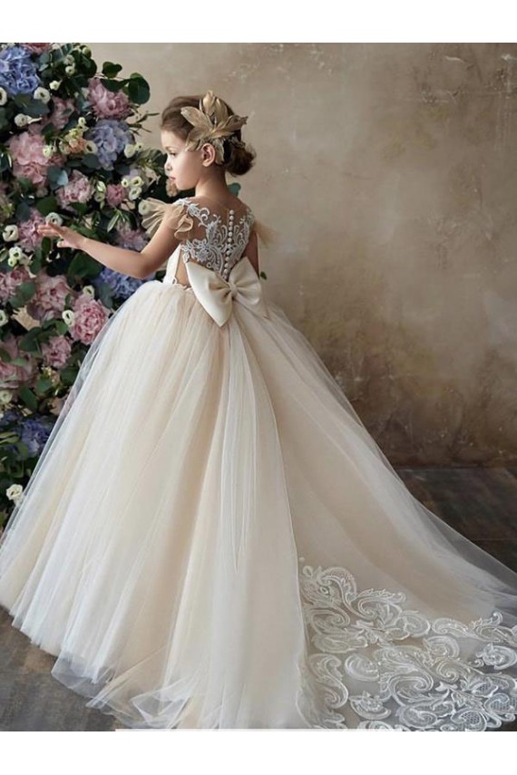Champagne Abito da ballo Innamorato Tulle Pizzo Lunga Abiti da ragazza di fiori AllIngrosso