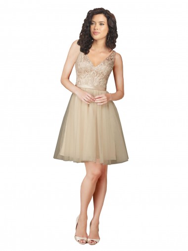 Champagne Linea A Scollatura a V Al ginocchio Tulle Pizzo Corto Abiti da damigella donore AllIngrosso