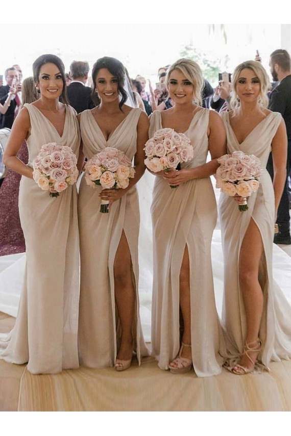 Champagne Linea A Scollatura a V Chiffona Lunga Abiti da damigella donore AllIngrosso