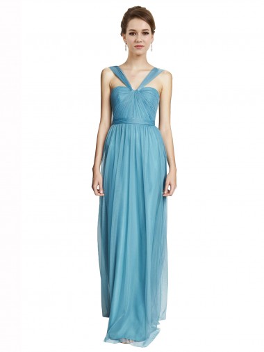 Cielo blu Linea A Sottili Capestro Scollatura a V Tulle Lunga Abiti da damigella donore AllIngrosso