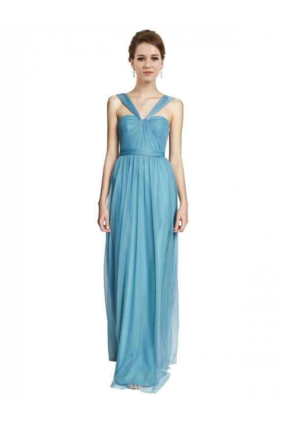 Cielo blu Linea A Sottili Capestro Scollatura a V Tulle Lunga Abiti da damigella donore AllIngrosso